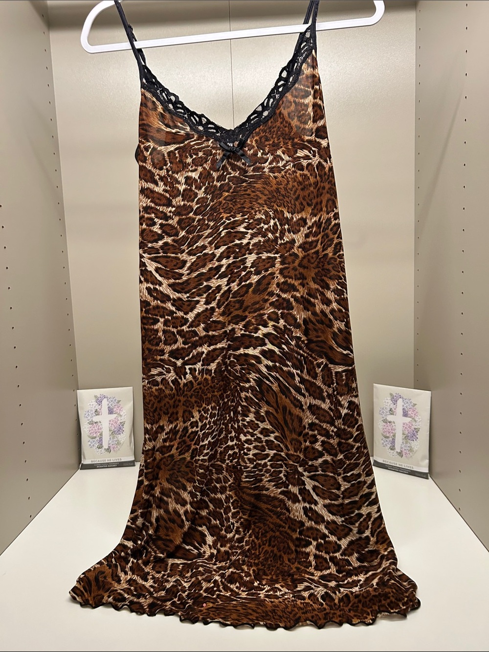 Rampage Brown Leopard Print Satin Slip Nightie with Black Lace Trim  Size Medium